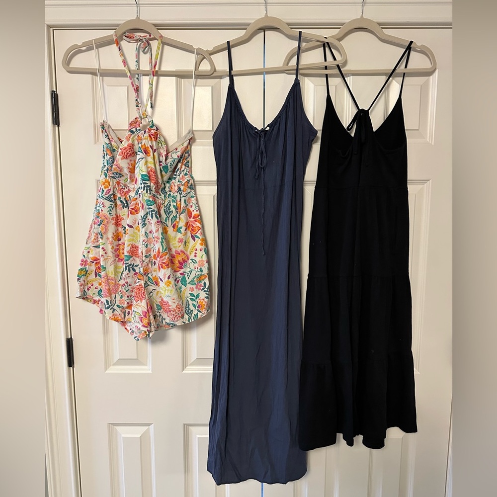 Old Navy Floral Multi-Color Short Romper, Navy Midi and Black Midi Slip Dress